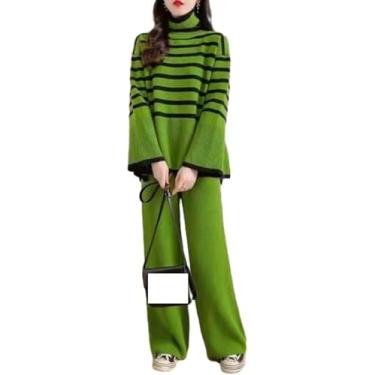 Imagem de Conjunto De Suéter De Malha Feminino Gola Alta Solta Listras De Contraste Suéter De Malha Tops Cintura Alta Casual Perna Larga Quente Conjunto De Duas Peças, Green, One Size