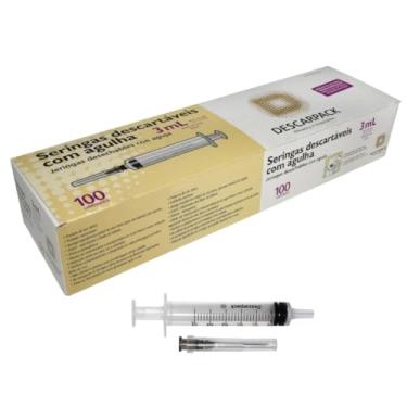 Imagem de Seringa Descartável 3ml | Hipodérmica | Bico Luer Slip | com Agulha 25 X 0,70mm | 100 Unidades
