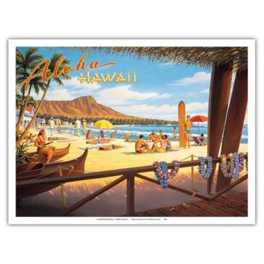 Imagem de Aloha Hawaii - Cratera de cabeça de diamante - Royal Hawaiian Hotel - Waikiki Beach - Pôster vintage havaiano de viagem por Kerne Erickson - Impressão artística mestre (sem moldura) 23 cm x 30 cm