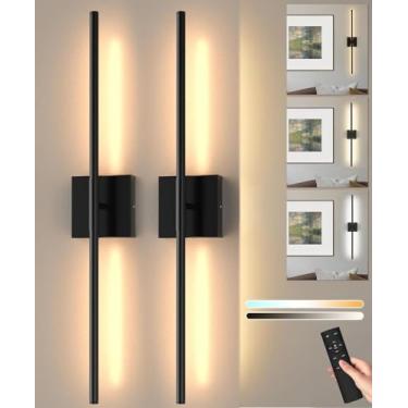 Imagem de Conjunto de 2 arandelas de parede operadas por bateria, 3000K-6000K arandelas de parede sem fio recarregáveis reguláveis com controle remoto, luz de parede preta sem fio com função de temporizador