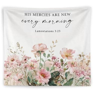 Imagem de WNAGT Tapeçaria cristã floral rosa para parede, tapeçaria de versículo da Bíblia, His Mercies Are New Every Morning Scripture Religious Wall Blanket Decor for Girls Bedroom Dorm Home, 127 x 152 cm