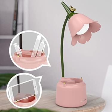 Imagem de KoudHug Lâmpada de mesa rosa fofa para crianças, lâmpada de LED recarregável com porta de carregamento USB, pescoço de ganso flexível, 3 modos de cor e regulação contínua, luminária de mesa para