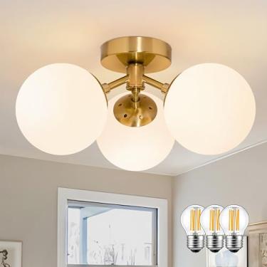 Imagem de Bagood Globo de ouro moderno de 3 luzes de meados do século semi embutido lustre de latão de teto 3 luzes de globo de vidro de leite Sputnik luminária de teto para quarto, sala de estar, corredor