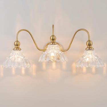 Imagem de BrkNit Luminária de banheiro vintage sobre espelho, iluminação de arandela de latão de 3 luzes com sombra de vidro de flor, luzes de vaidade de casa de fazenda para quarto, cozinha, sala de estar