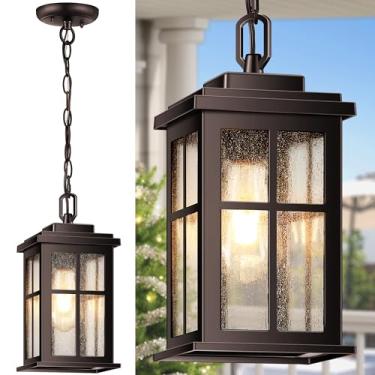 Imagem de VIANIS Luzes para pendurar ao ar livre, luzes pendentes externas de bronze polido a óleo para varanda com corrente ajustável, lustre externo antiferrugem 100% alumínio para gazebo, lanterna de teto