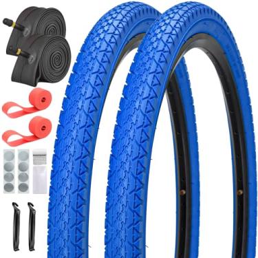 Imagem de SIMEIQI 26/24x2,125 polegadas pacote com 2 pneus e tubos de bicicleta Beach Cuiser pneus de bicicleta vermelho ou azul com tiras de aro e adesivos sem cola (azul, 24 x 2,125)
