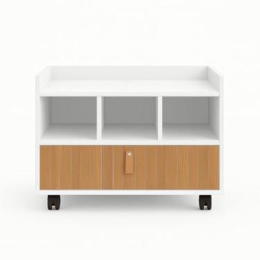 Imagem de armário Gabinete Organizador Multiuso com Rodízios e Nichos – 65 cm – Branco – Móvel para Banheiro ou Escritório (branco/ripado)
