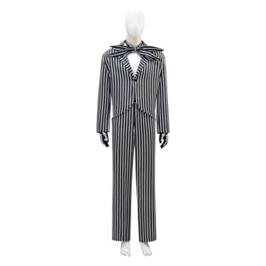 Imagem de Fantasia masculina de esqueleto de Jack para adultos, Zebra, preto e branco, listrado com gravata e luvas (preto-branco, médio)