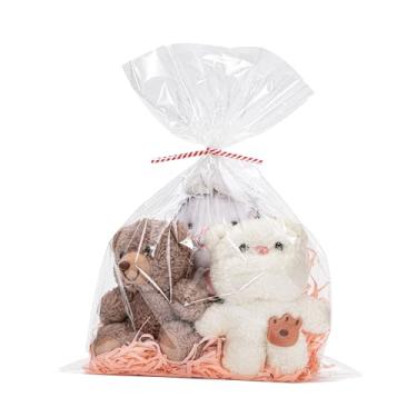 Imagem de DelightfulWrap 25,4 cm x 35,5 cm, 50 peças, sacos de presente de plástico transparente, sacos de brindes de celofane com 50 laços torcidos, embalagem grande de lembrancinhas de festa, embrulho de