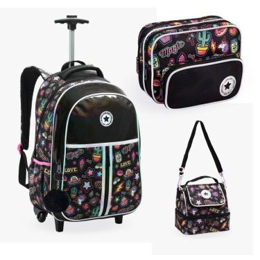 Imagem de Kit Mochila Rodinhas Juvenil Escolar Lancheira E Estojo Love