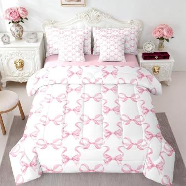 Imagem de Conjunto de cama com laço rosa, 7 peças, estilo princesa, aquarela, listras, rosa, branco, (edredom + lençol de cima + fronhas + fronhas), casal