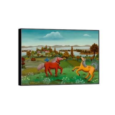 Imagem de BMZFYBS Arte de parede em tela reprodução de pintura famosa - imagens de moldura preta para sala de estar - cavalos brincando - pôster decorativo e impressões 50 x 70 cm 20 x 27 pol