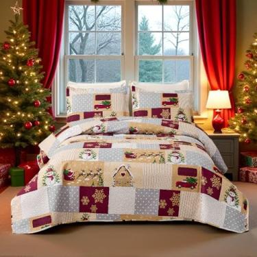 Imagem de Conjunto de colcha xadrez de Natal com 3 peças, solteiro, boneco de neve, boneco de neve, Papai Noel, Rena, caminhão, cabana, patchwork, capa de cama de ano novo, decoração de casa