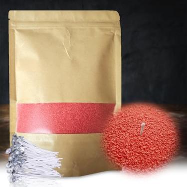 Imagem de DRMAISON Kit DIY de cera de vela perolada e areia - 1000 g, vermelho melancia, não tóxico e livre de fumaça, recarregável com 60 pavios, chama de longa duração, altamente personalizável para decoração