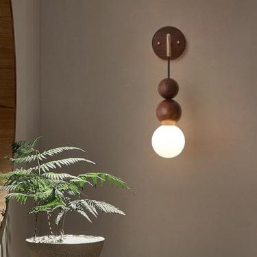 Imagem de Lâmpada de parede interna LED lâmpadas de parede de madeira vintage com abajur de vidro moderno iluminação de parede de metal para sala de estar quarto escada cabeceira corredor (madeira escura, luz