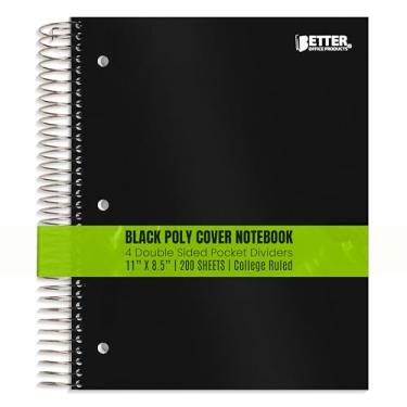 Imagem de Caderno espiral de 5 assuntos, capa de poliéster preto, regra da faculdade, caderno de 200 folhas com 4 divisórias de bolso dupla-face, 28 x 21,5 cm, da Better Office Products