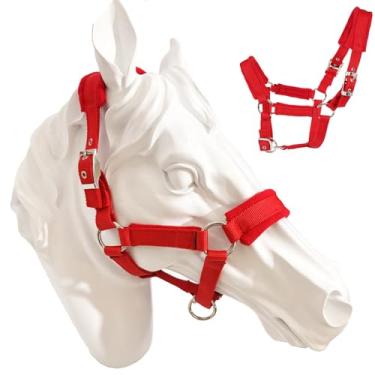 Imagem de perixir Cabresto de cavalo ajustável com forro de lã polar, frente única separável com ferragens para manchas, cabides equestres (vermelho, grande)