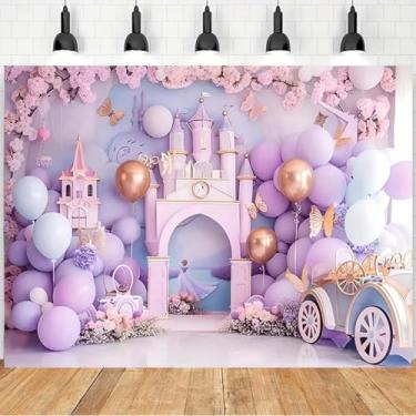 Imagem de AlELCJY Pano de fundo de castelo roxo arco balão floral castelo menina festa de aniversário rosa castelo princesa menina 1º aniversário decoração flor castelo bolo esmagamento pano de fundo para fotos