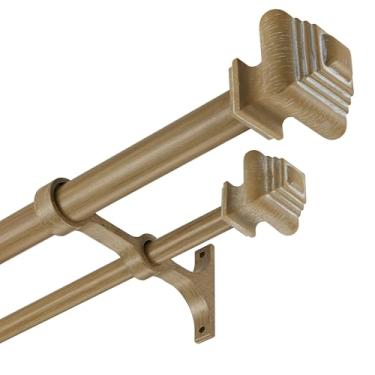 Imagem de Mayrhyme Varões de cortina duplos para janelas de 91 a 182 cm, varão de cortina duplo resistente com remates quadrados retrô e suporte duplo de alumínio, haste dupla ajustável para cortinas, carvalho