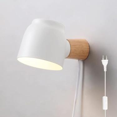 Imagem de Luminária de parede de madeira, luminária de parede interna giratória com interruptor, moderna, com cabo e plugue, abajur de cabeceira E14, luz noturna redonda branca para sala de estar, qua