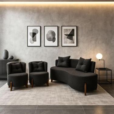 Imagem de Conjunto 2 Poltronas + Sofá Curvo Orgânico Luna Boucle Chumbo Pés de M