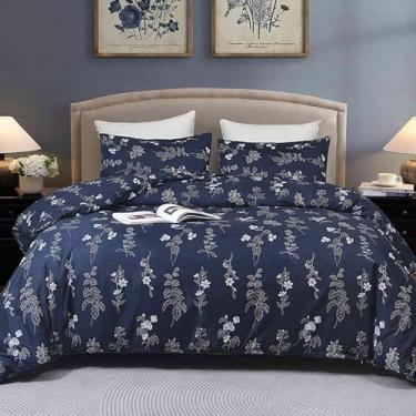 Imagem de Faincy Conjunto de edredom Queen, azul marinho, floral, branco, estampado, reversível, alternativo – roupa de cama vintage de microfibra macia para casa de fazenda em uma bolsa para mulheres e homens