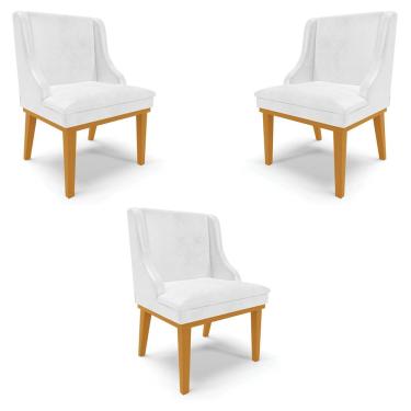 Imagem de Kit 3 Cadeiras Decorativas Sala de Jantar Base Fixa de Madeira Firenze PU Branco Brilho/Castanho G19 - Gran Belo