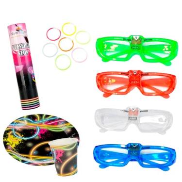 Imagem de Kit Festa Neon Led Pulseiras Com Copos Mais Pratos E Óculos 160 Peças