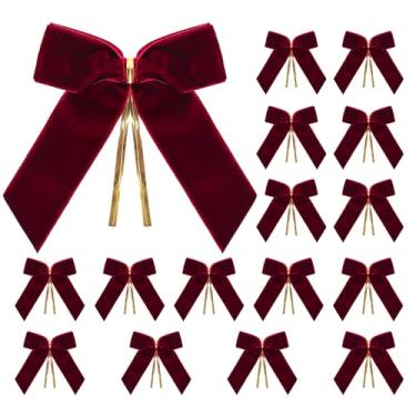 Imagem de PintreeLand Pacote com 16 laços de Natal de veludo vermelho para árvore de Natal, pequenas fitas decorativas torcidas para grinalda, embrulho de presente, 9 x 9 cm (vinho vermelho)