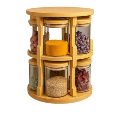 Imagem de Porta Condimentos Giratório, Kit 10 Potes de Vidro 250ml com Tampa de Bambu - Organizador de Cozinha