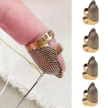 Imagem de 4 peças ajustável metal costura dedal protetor de dedo anel superior aberto dedal protetor de ponta de dedo para Quilting bordado ferramenta de costura manual (cobre, 2S + 2M)