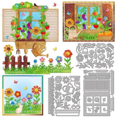 Imagem de GLOBLELAND Molduras de janela, matrizes de corte para fazer cartões, flores de jardim, folhas, cercas, grama, abóboras, bordas, matrizes de metal para scrapbook faça você mesmo, álbum de fotos em