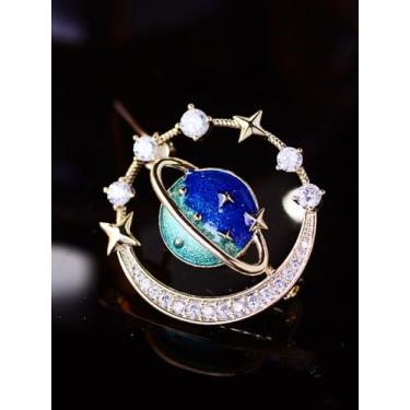 Imagem de Broche de céu estrelado azul da moda diamante cristal fivela anti-luz delicada lua planeta broche corpete para mulheres terno chapéu bolsa vestido joias broche de segurança DIY decoração joias