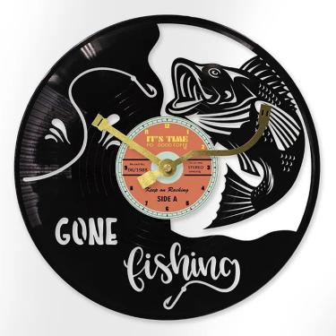 Imagem de Relógio de parede Gone Fishing, disco de vinil, moldura de metal de 30 cm