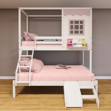 Imagem de Beliche Casinha Reta Casal/ Solteiro Com Escorregador Madeira Maciça Branco/ Rosa Housin