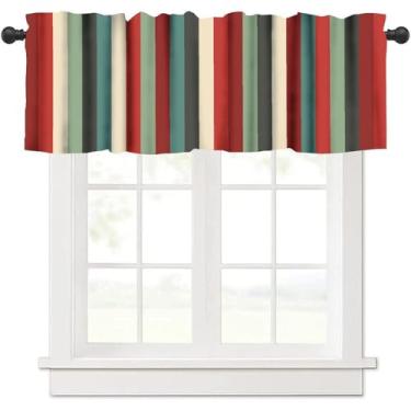 Imagem de Cortinas vintage listradas para janela, meados do século, colorido, vermelho, verde, listras verticais, abstratas, geométricas, clássicas, para quarto, sala de estar, cozinha, 137 x 45 cm