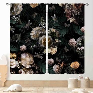 Imagem de Cortinas florais pretas, vintage preto flor flor rosa penoy botânica estética impressão boho chique cortinas de janela tratamentos para quarto, sala de estar, cozinha, banheiro, 2 painéis, 132 x 213