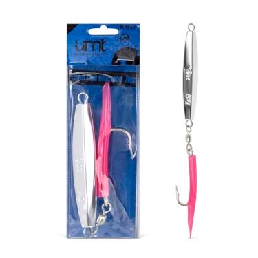Imagem de UMT A27 85 g Cape Cod Diamond Jig Chrome, Pink Rubber Teaser 6/0 Gancho Mustad personalizado – para atum, stripers, bluefish e robalo