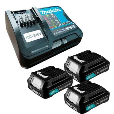 Imagem de Kit 3 Baterias Íons Lítio 12V 1.5Ah BL1016 Makita e Carregador de Bate