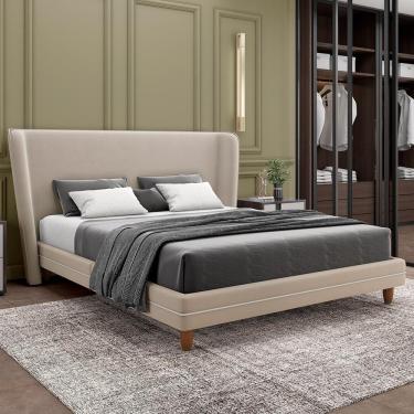 Imagem de Cabeceira Queen Nilo 160cm Com Cama Pés Madeira Suném P05 Veludo Bege - Lyam Decor