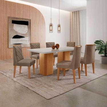 Imagem de Mesa De Jantar Eloise 180cm Tampo MDF Com Vidro 6 Cadeiras Veludo Capuccino Off White Naturale
