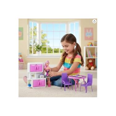 Imagem de Kit Copa de Cozinha Infantil com Boneca, Mesa Redonda, 2 Cadeiras, Armário e Acessórios, Rosa, 17cm Diâmetro, para Crianças Acima de 3 Anos