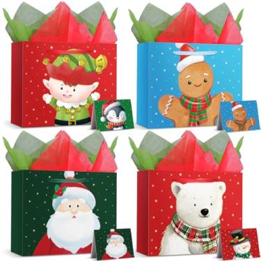 Imagem de Pajean 4 conjuntos de sacolas grandes de presente de Natal com papel de seda e cartão comemorativo de 33 x 25 x 12 cm, bolsa de presente de Natal com alça fofa bolsa de papel para lembrancinhas de