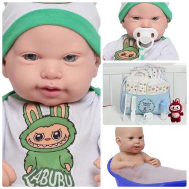 Imagem de Boneco Reborn Bebê Lucca 43cm Enxoval Verde Completo Pelúcia - Cegonha