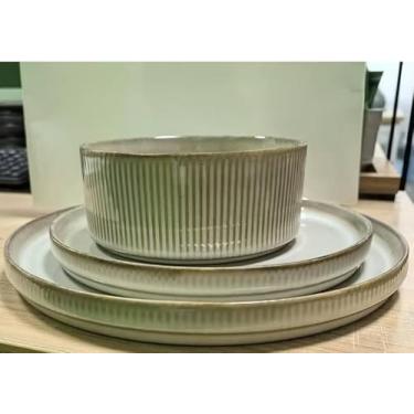 Imagem de Conjunto de 3 peças de cerâmica para iniciantes – tigela de 623 g, prato de salada de 20 cm e prato de jantar de 25 cm, grés bege