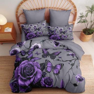 Imagem de CCoutueChen Conjunto de edredom casal de borboleta rosa, cinza escuro, botânico, floral, com 2 fronhas, 3 peças, edredom macio reversível de microfibra/79 x 90