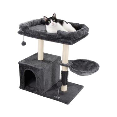 Imagem de Hapineko Torre de árvore pequena para gatos de 68 cm, poste para arranhar gatos em ambientes internos, com caverna para gatos e poleiro aconchegante, autotratador de gatos e bola suspensa interativa