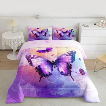 Imagem de Feelyou Conjunto de edredom com estampa de borboletas para todas as estações, com 1 fronha, linda microfibra para crianças, solteiro, decoração de quarto, edredom respirável, macio e leve