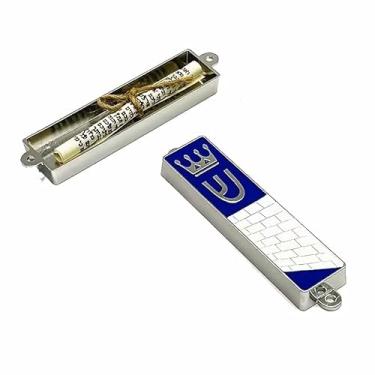 Imagem de Mezuzá Judaico Luxo 9 cm Pergaminho - De Israel azul muros