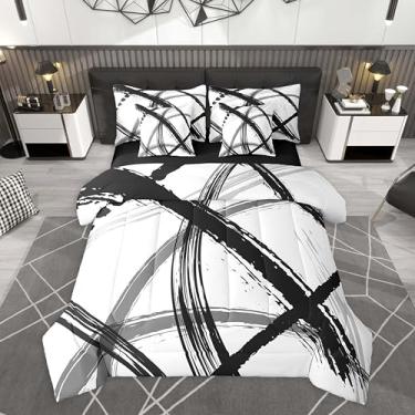 Imagem de jejeloiu Conjunto de edredom Queen com estampa geométrica e branca e preta, 7 peças, arte de tinta abstrata, lençol de cima, lençol com elástico, fronhas e capas de almofada